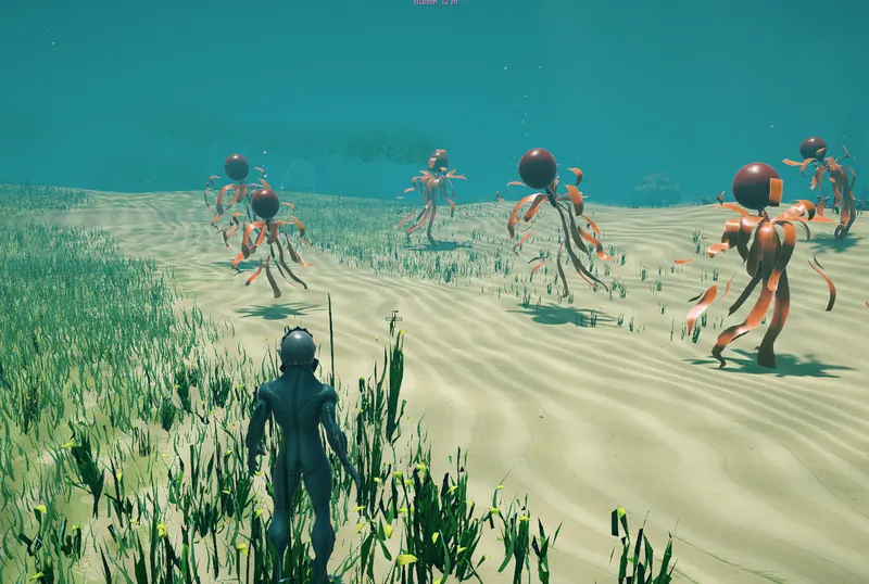 A fishman watches a field of drifting kelp-bloom creatures on the sand