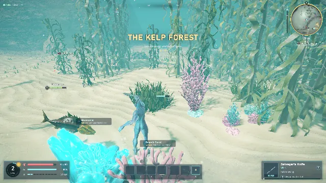 A fishman with a knife among coral and a swimming eel