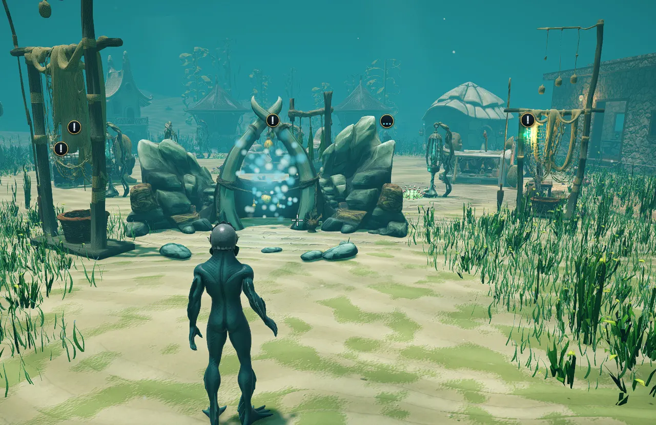 A fishman diver stands before the glowing portal in the town of Saltreach