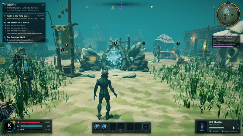 The town of Saltreach under raid, with quest markers