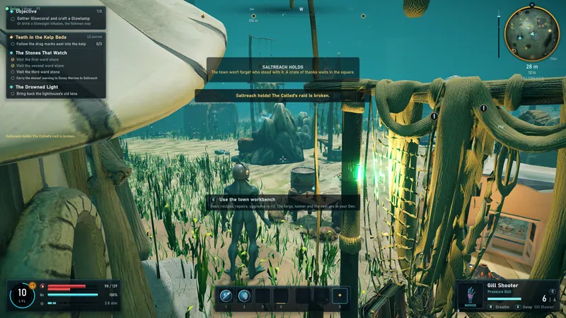 A wrecked hull covered in kelp, with a glowing marker